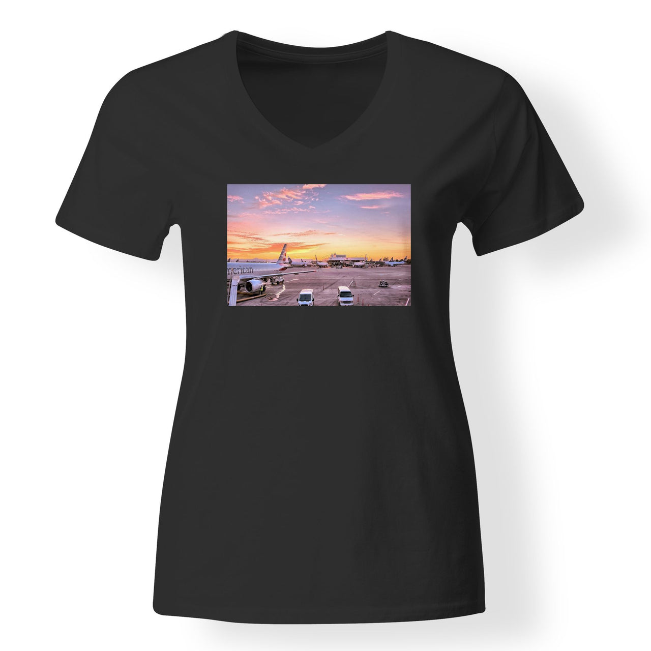 Airport Photo During Sunset Designed V-Neck T-Shirts