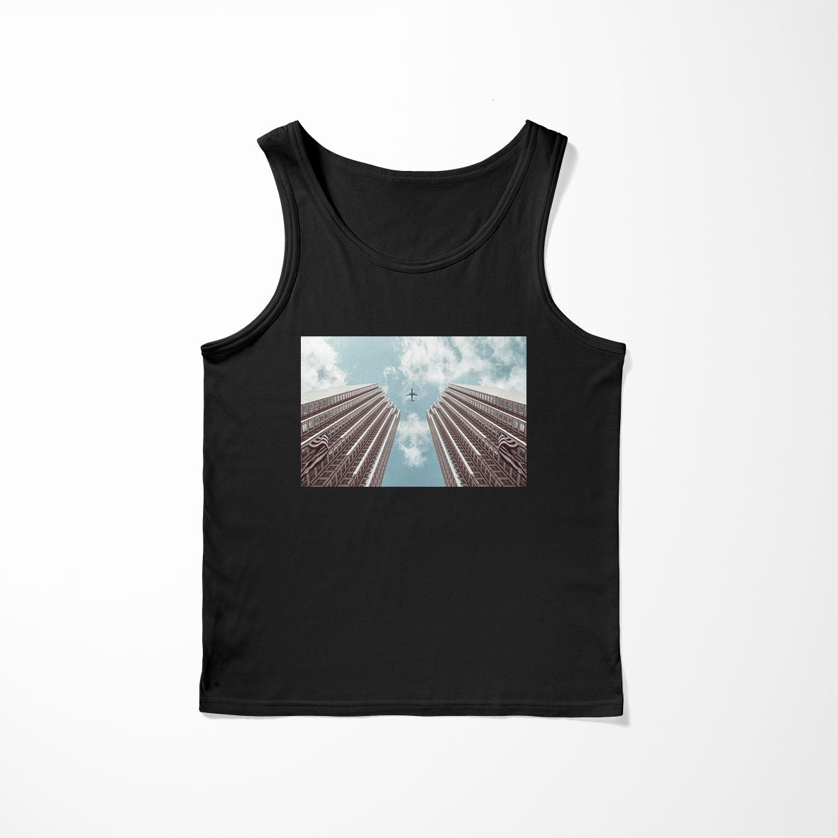 Airplane Flying over Big Buildings Designed Tank Tops