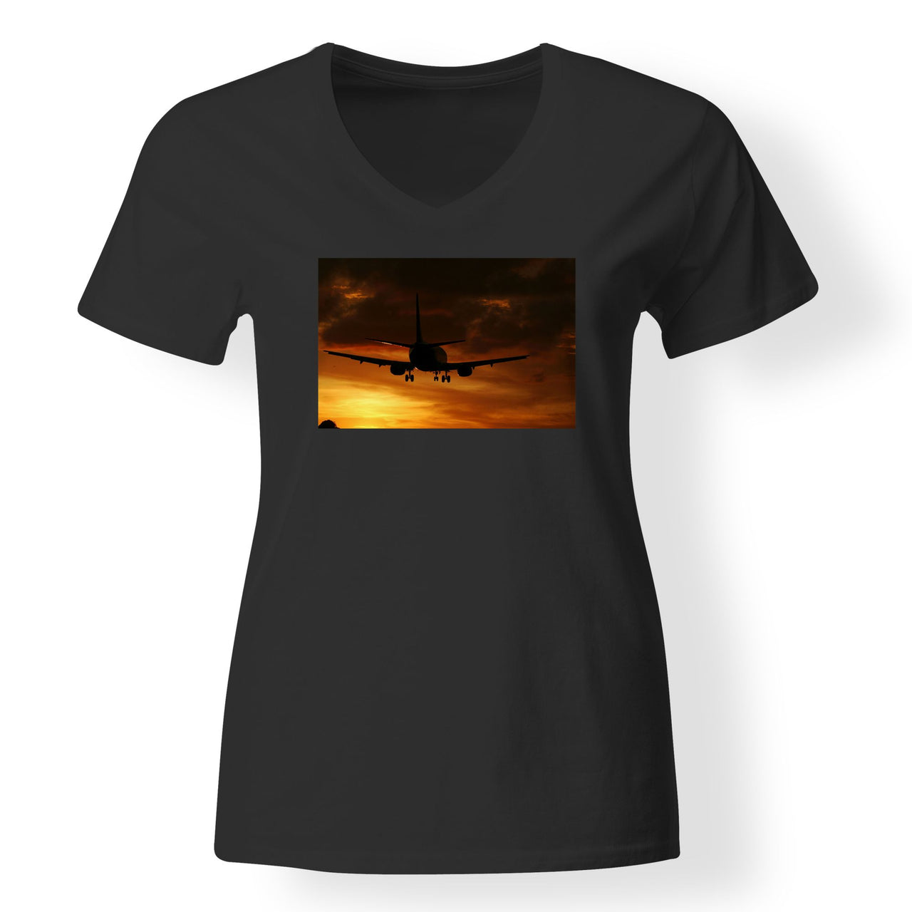 Beautiful Aircraft Landing at Sunset Designed V-Neck T-Shirts