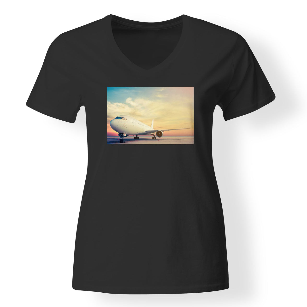 Parked Aircraft During Sunset Designed V-Neck T-Shirts