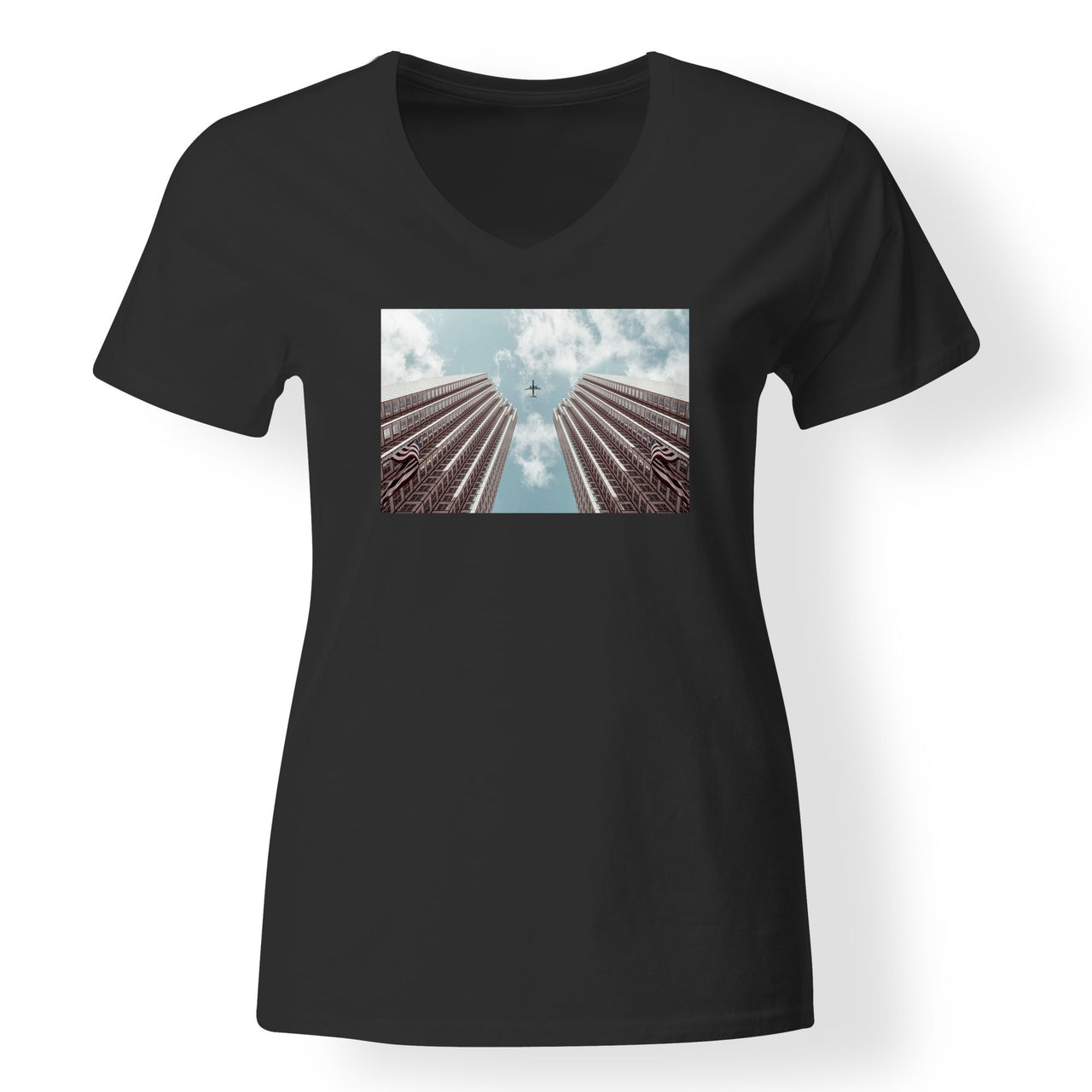 Airplane Flying over Big Buildings Designed V-Neck T-Shirts