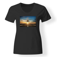 Thumbnail for Airplane over Runway Towards the Sunrise Designed V-Neck T-Shirts