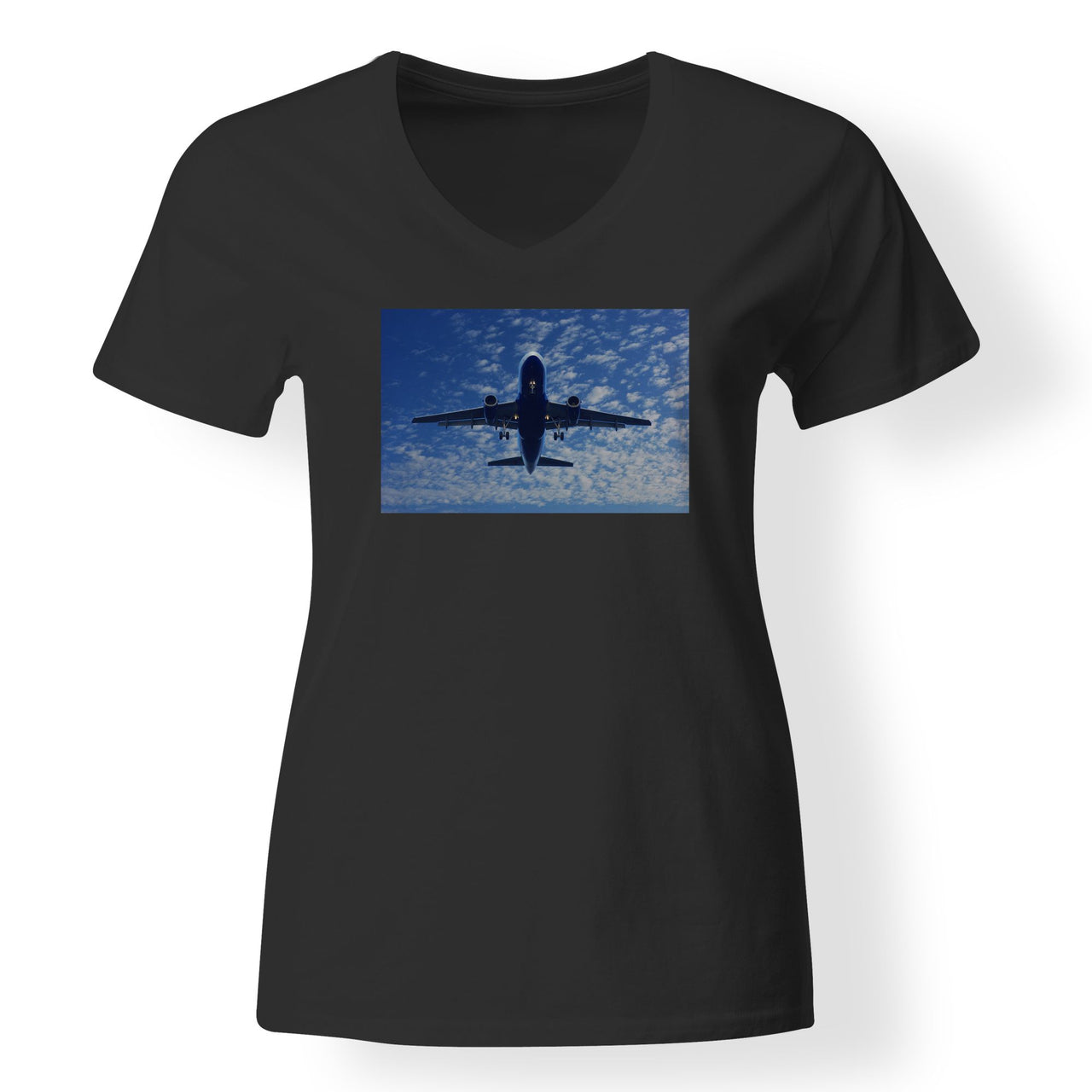 Airplane From Below Designed V-Neck T-Shirts