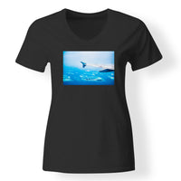 Thumbnail for Outstanding View Through Airplane Wing Designed V-Neck T-Shirts