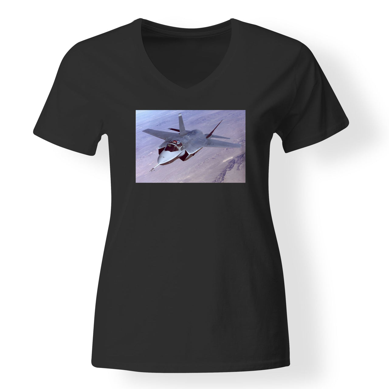 Fighter Jet 35 Captured in the Air Designed V-Neck T-Shirts
