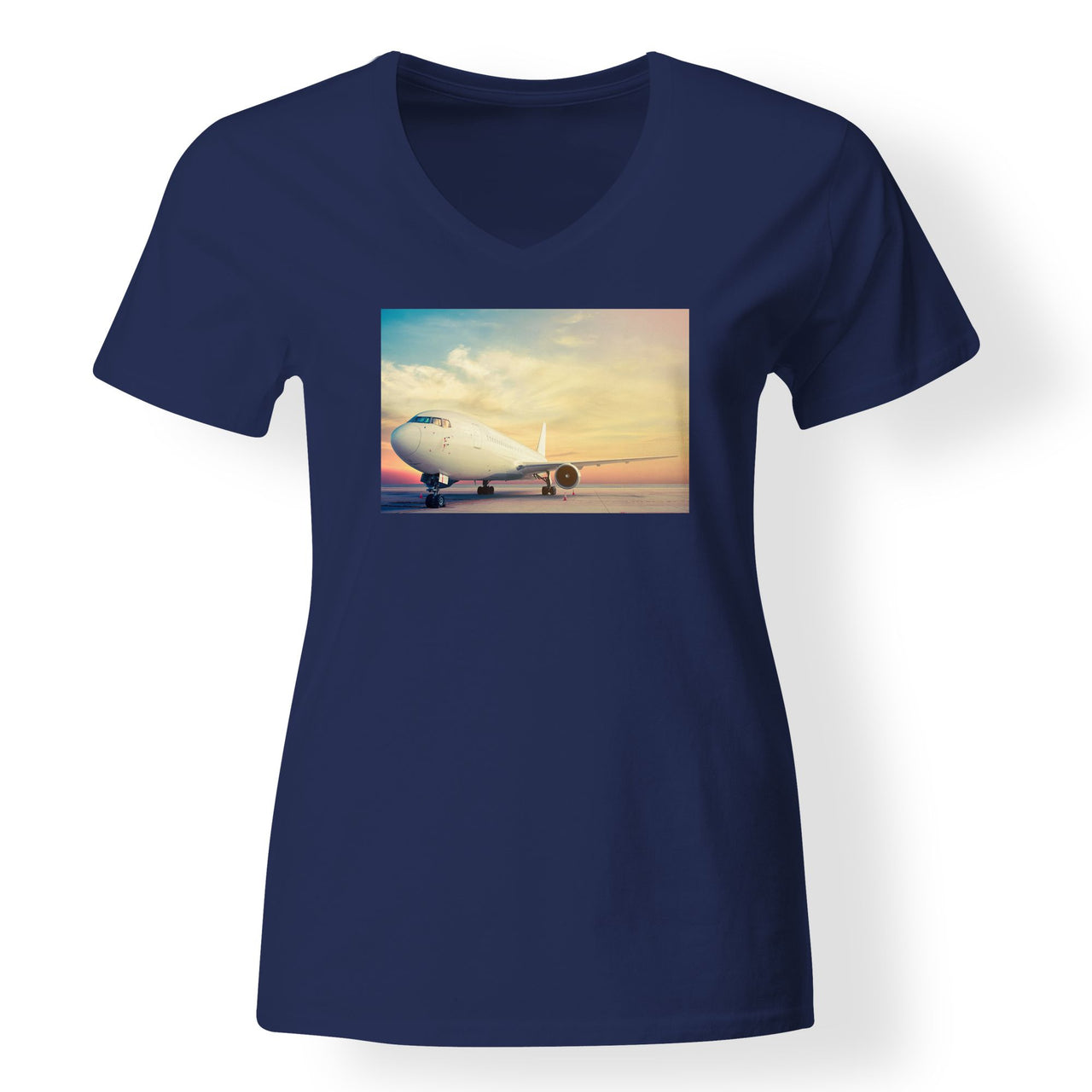 Parked Aircraft During Sunset Designed V-Neck T-Shirts