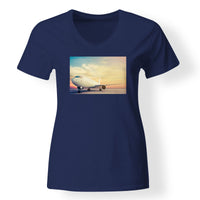 Thumbnail for Parked Aircraft During Sunset Designed V-Neck T-Shirts