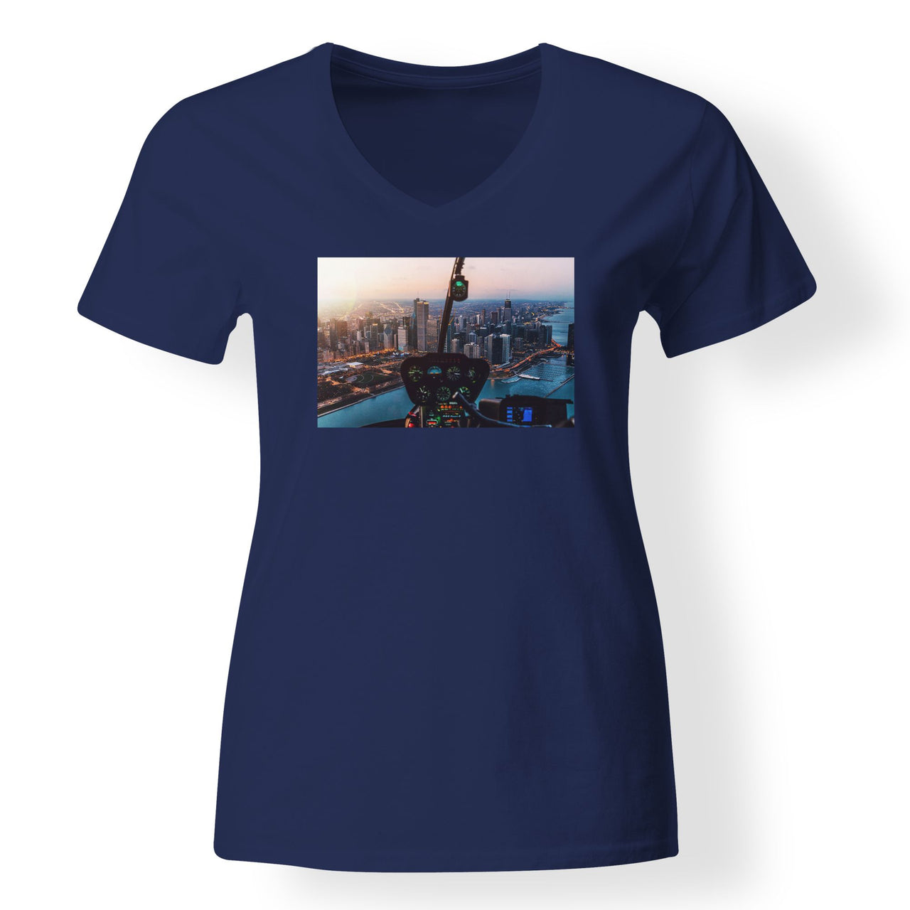 Amazing City View from Helicopter Cockpit Designed V-Neck T-Shirts
