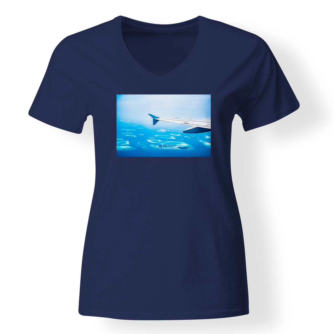 Outstanding View Through Airplane Wing Designed V-Neck T-Shirts