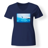 Thumbnail for Outstanding View Through Airplane Wing Designed V-Neck T-Shirts