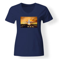 Thumbnail for Amazing Departing Aircraft Sunset & Clouds Behind Designed V-Neck T-Shirts