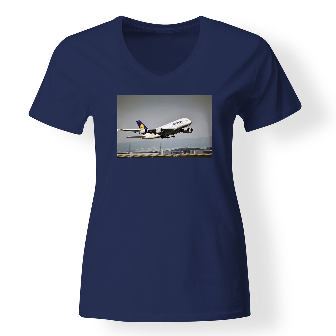 Departing Lufthansa A380 Designed V-Neck T-Shirts