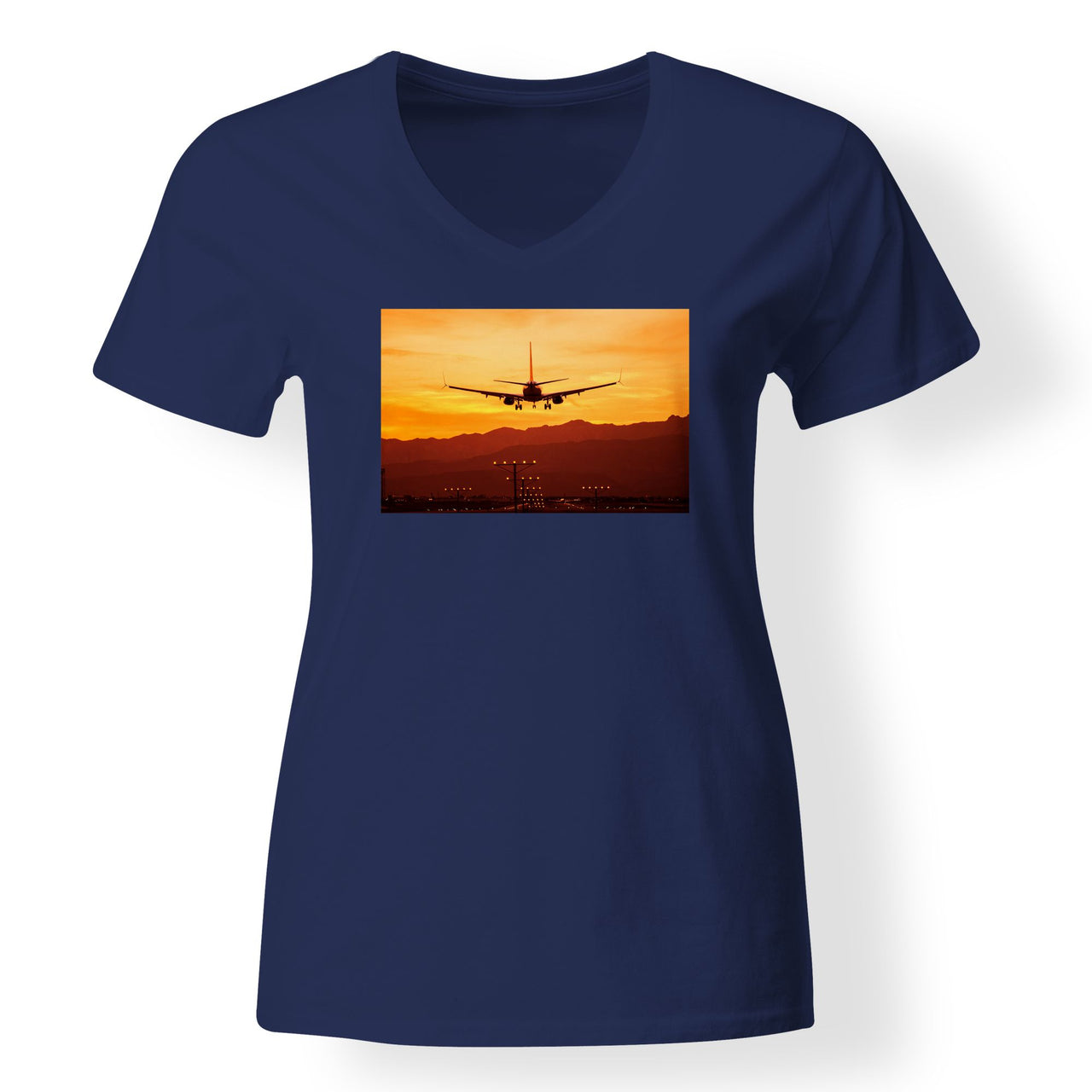 Landing Aircraft During Sunset Designed V-Neck T-Shirts