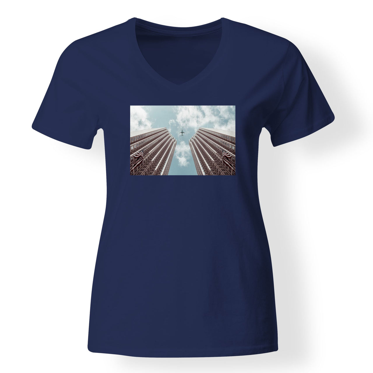Airplane Flying over Big Buildings Designed V-Neck T-Shirts