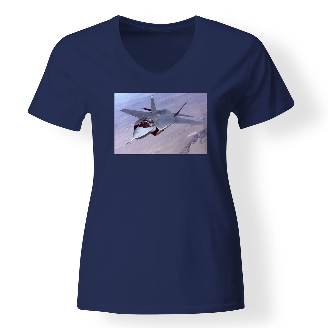 Fighter Jet 35 Captured in the Air Designed V-Neck T-Shirts