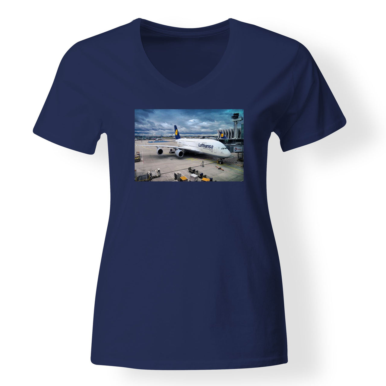 Lufthansa's A380 At The Gate Designed V-Neck T-Shirts