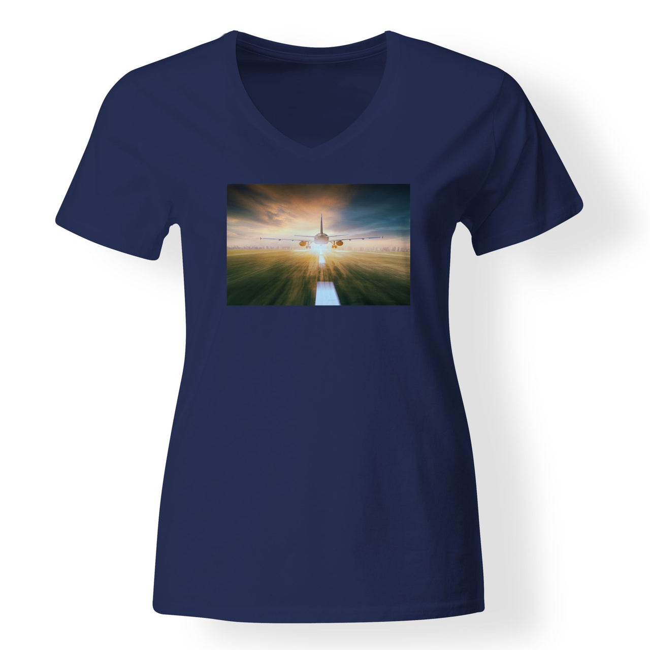 Airplane Flying Over Runway Designed V-Neck T-Shirts
