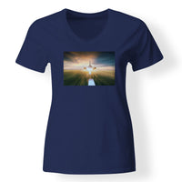 Thumbnail for Airplane Flying Over Runway Designed V-Neck T-Shirts