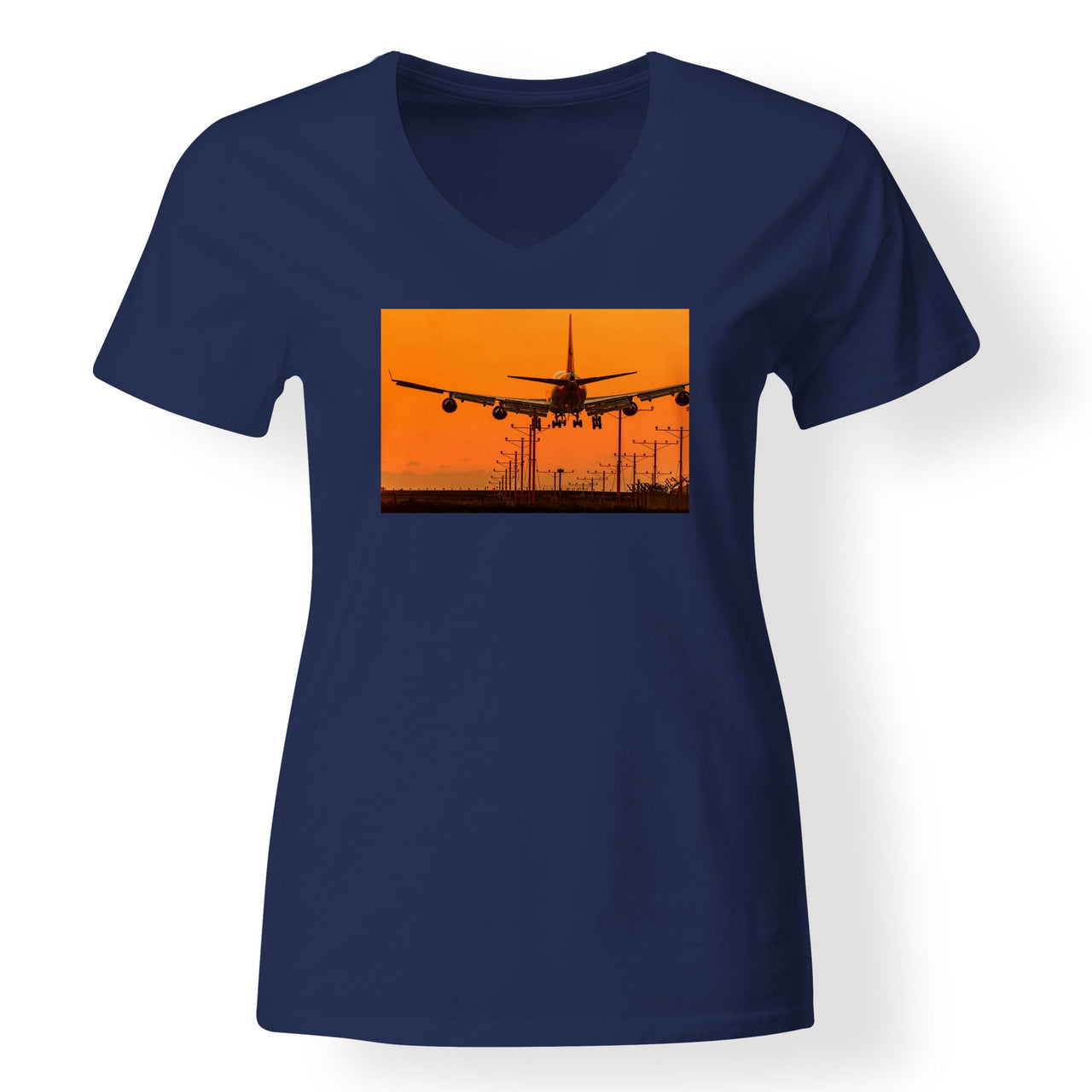 Close up to Boeing 747 Landing at Sunset Designed V-Neck T-Shirts