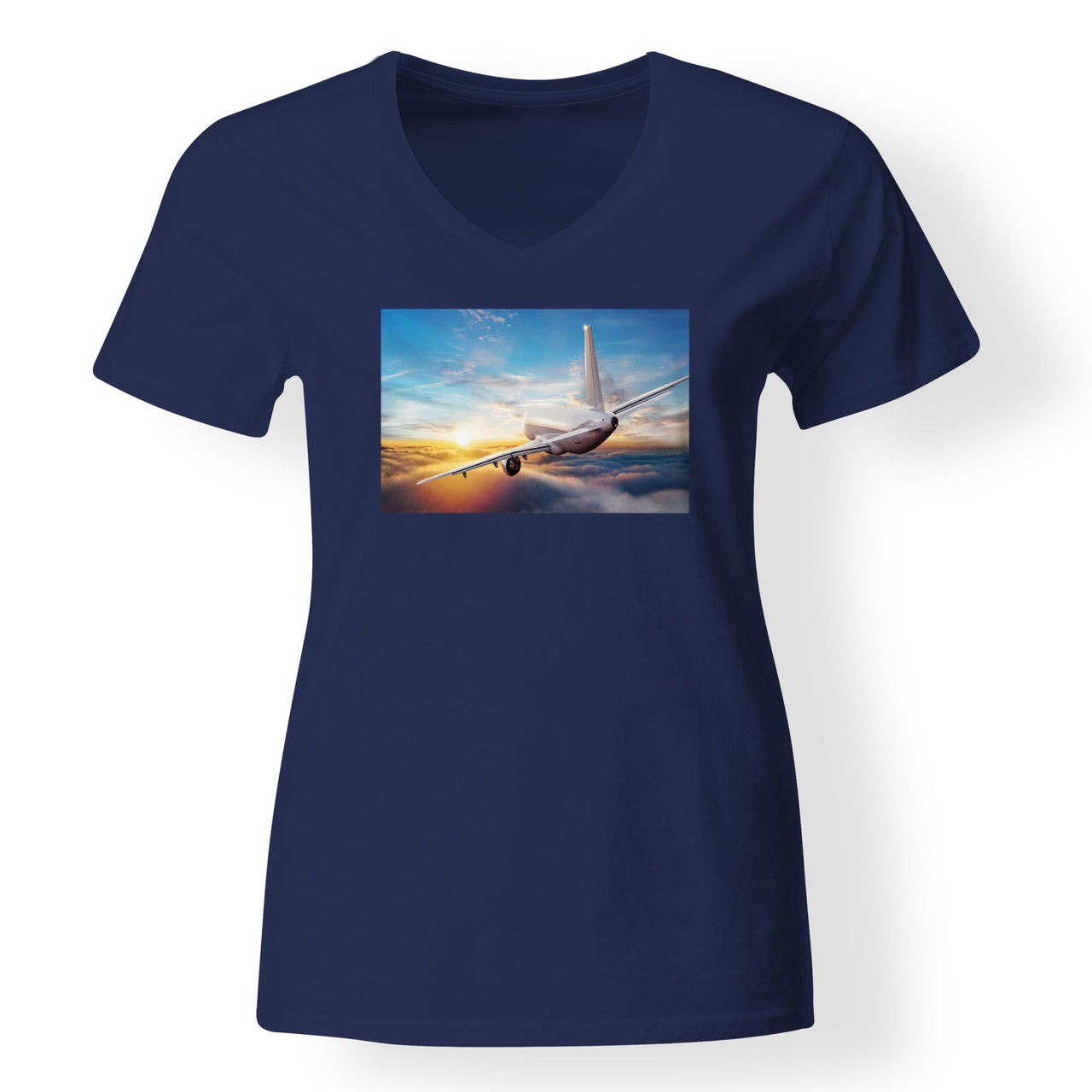 Airliner Jet Cruising over Clouds Designed V-Neck T-Shirts
