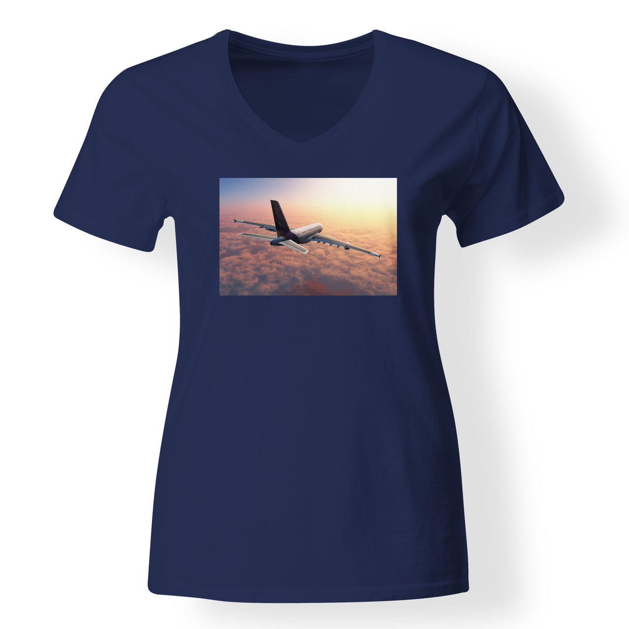 Super Cruising Airbus A380 over Clouds Designed V-Neck T-Shirts