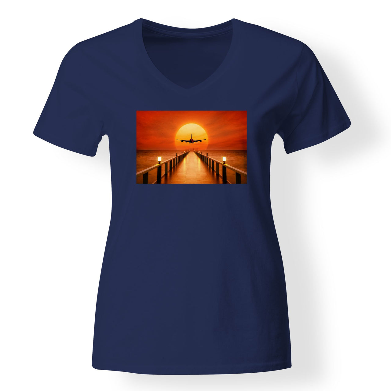 Airbus A380 Towards Sunset Designed V-Neck T-Shirts