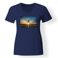 Thumbnail for Airplane over Runway Towards the Sunrise Designed V-Neck T-Shirts