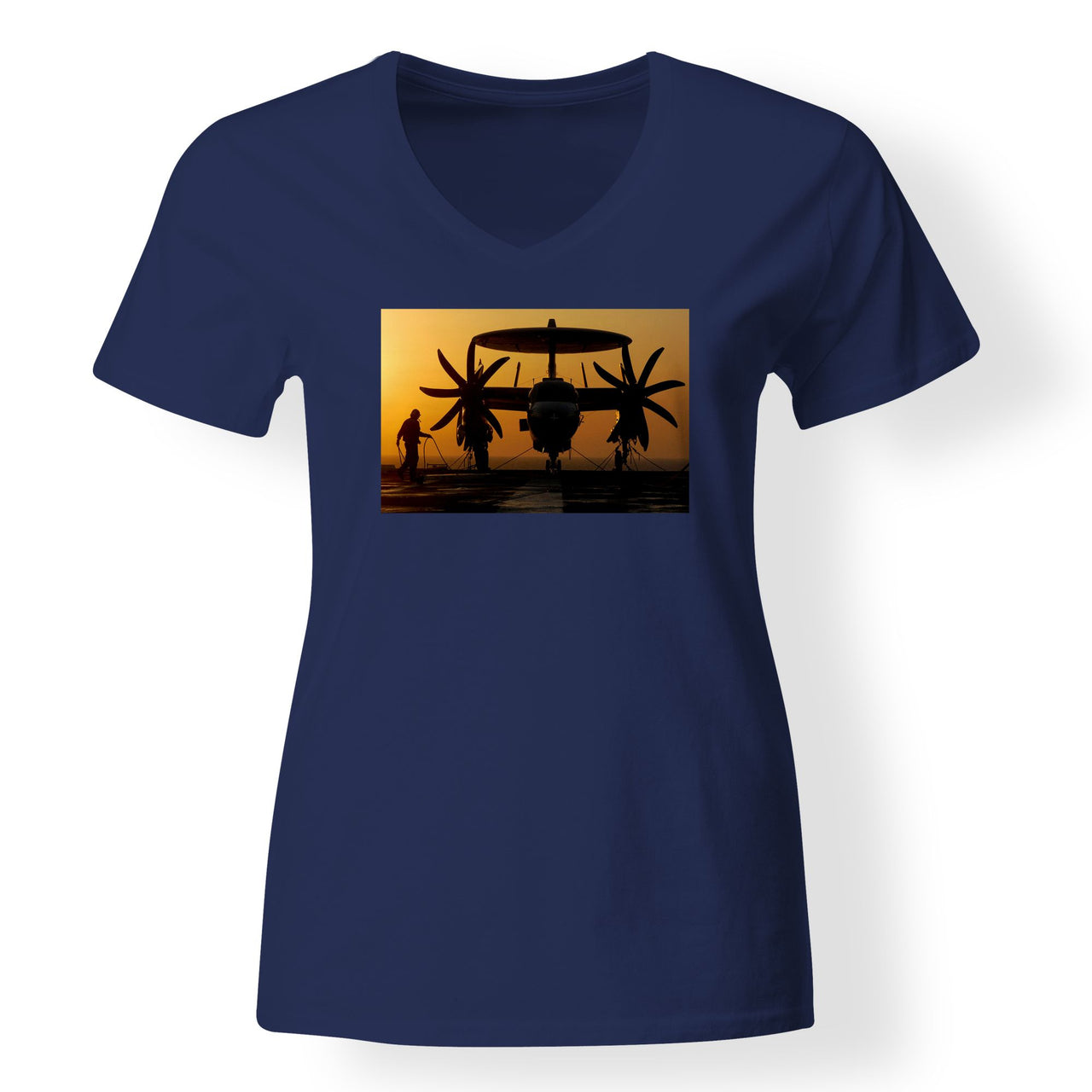 Military Plane at Sunset Designed V-Neck T-Shirts