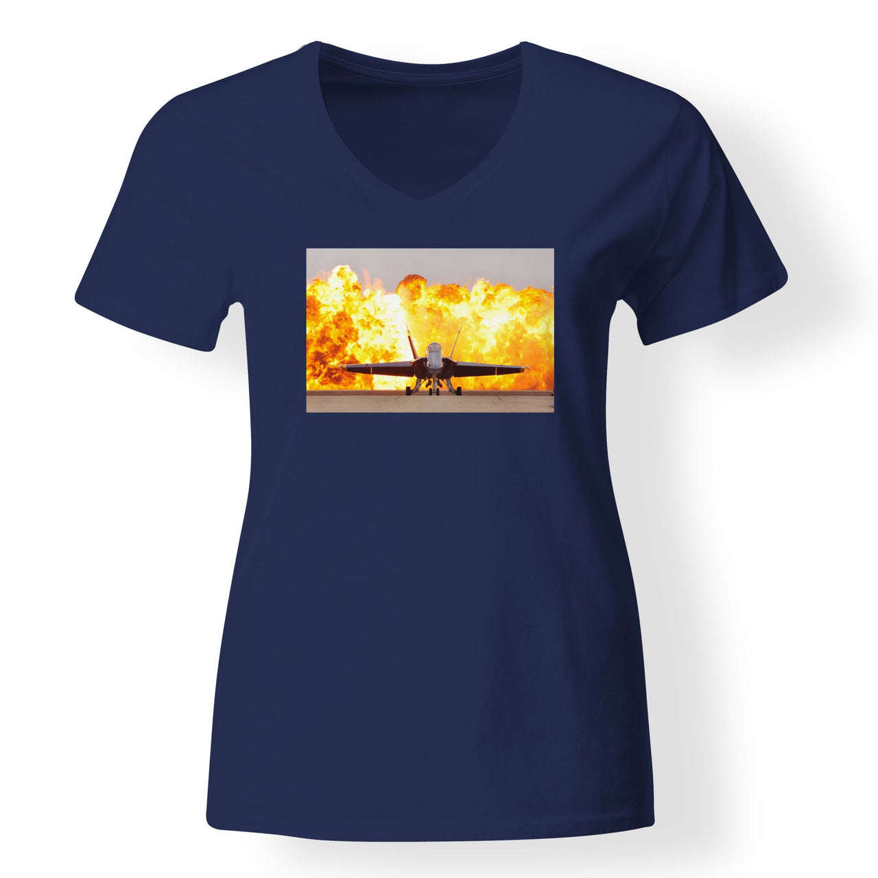 Face to Face with Air Force Jet & Flames Designed V-Neck T-Shirts