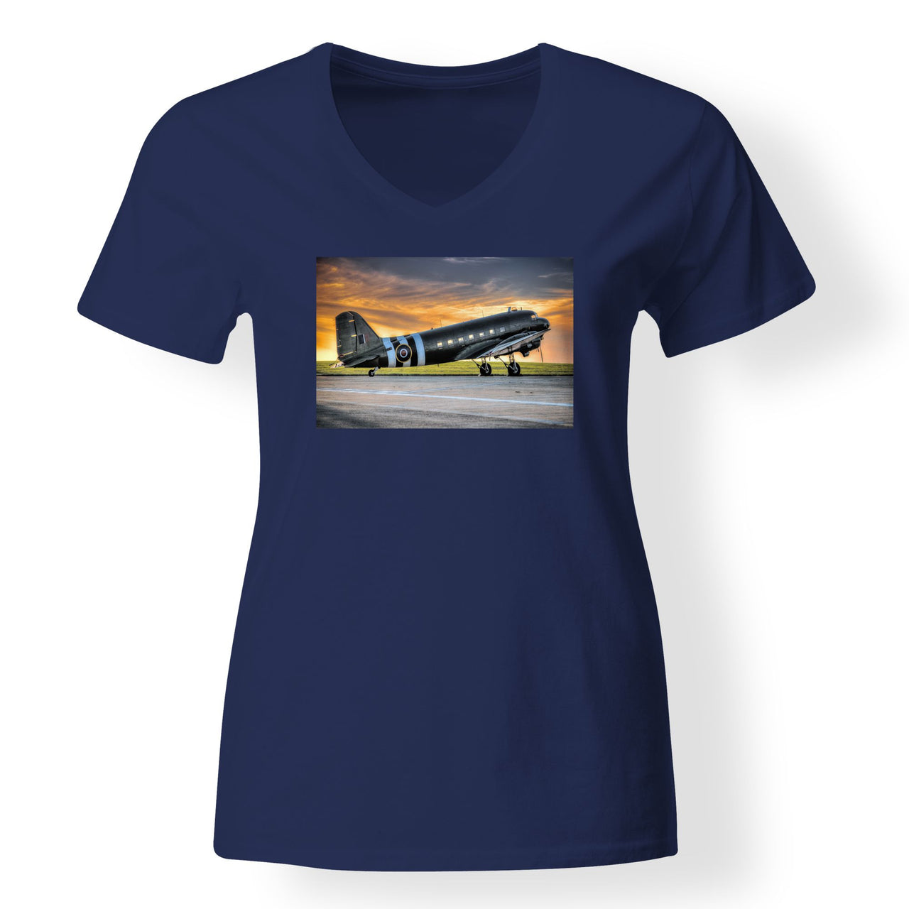Old Airplane Parked During Sunset Designed V-Neck T-Shirts