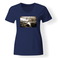 Thumbnail for Departing Aircraft & City Scene behind Designed V-Neck T-Shirts