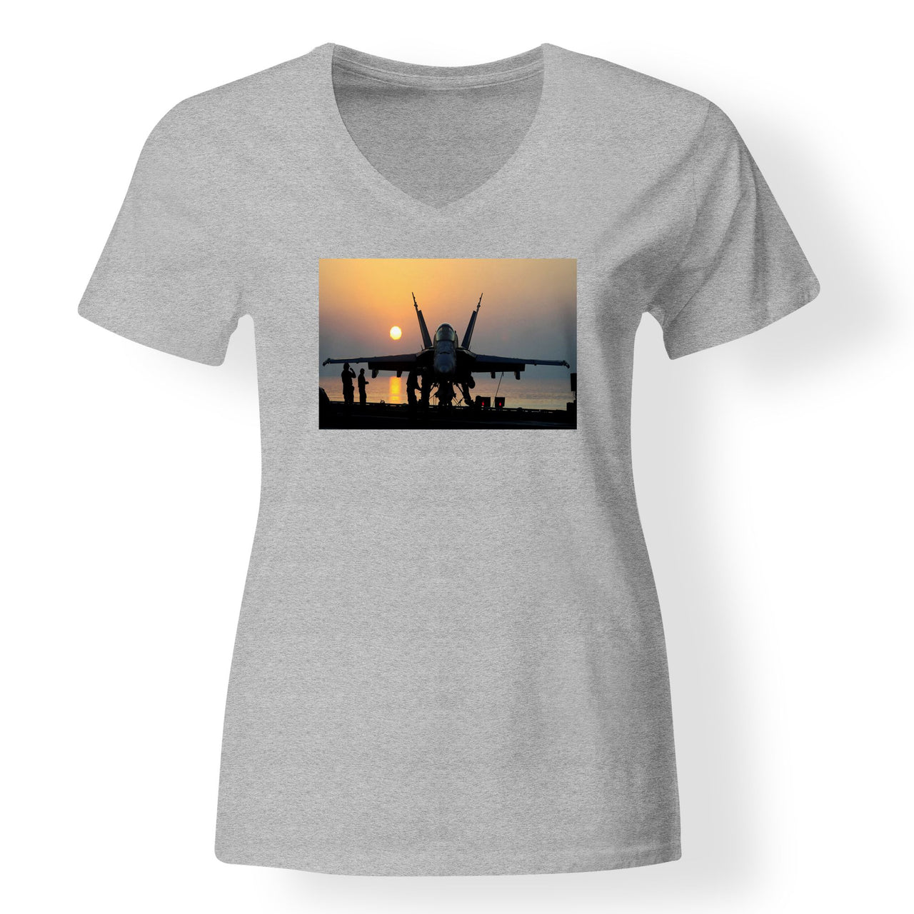 Military Jet During Sunset Designed V-Neck T-Shirts
