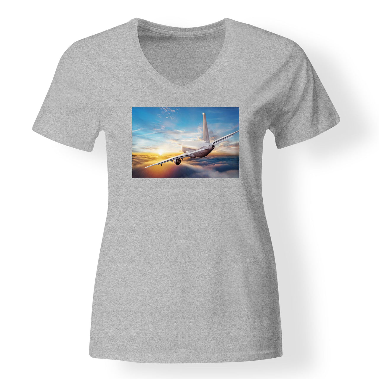 Airliner Jet Cruising over Clouds Designed V-Neck T-Shirts