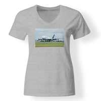 Thumbnail for Departing Airbus A380 with Original Livery Designed V-Neck T-Shirts