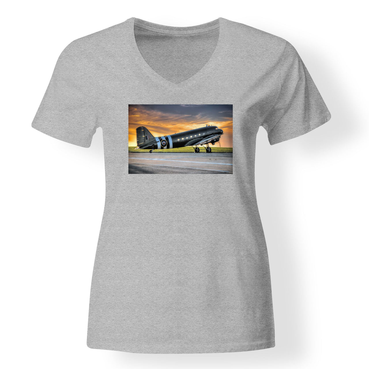 Old Airplane Parked During Sunset Designed V-Neck T-Shirts