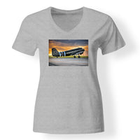 Thumbnail for Old Airplane Parked During Sunset Designed V-Neck T-Shirts