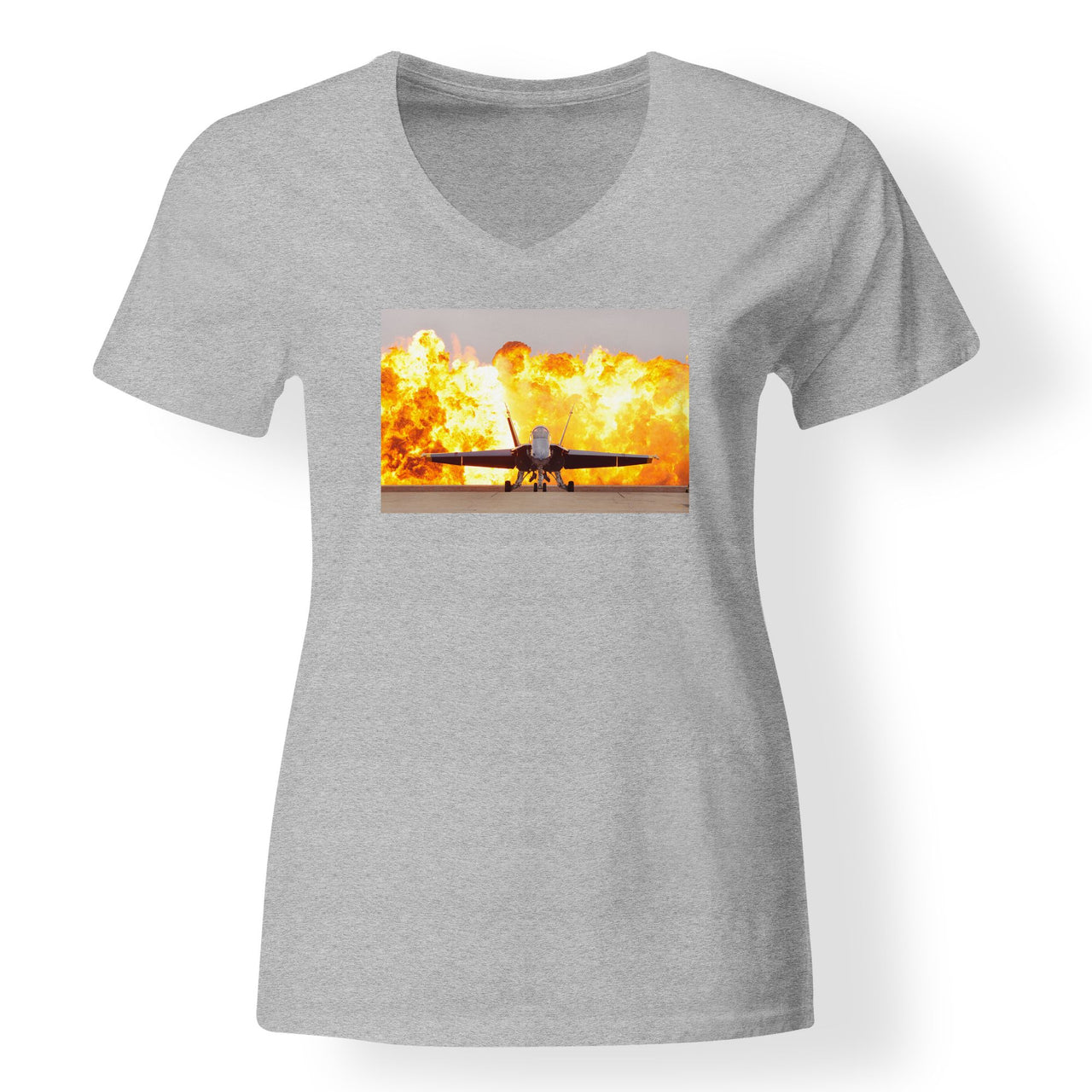 Face to Face with Air Force Jet & Flames Designed V-Neck T-Shirts