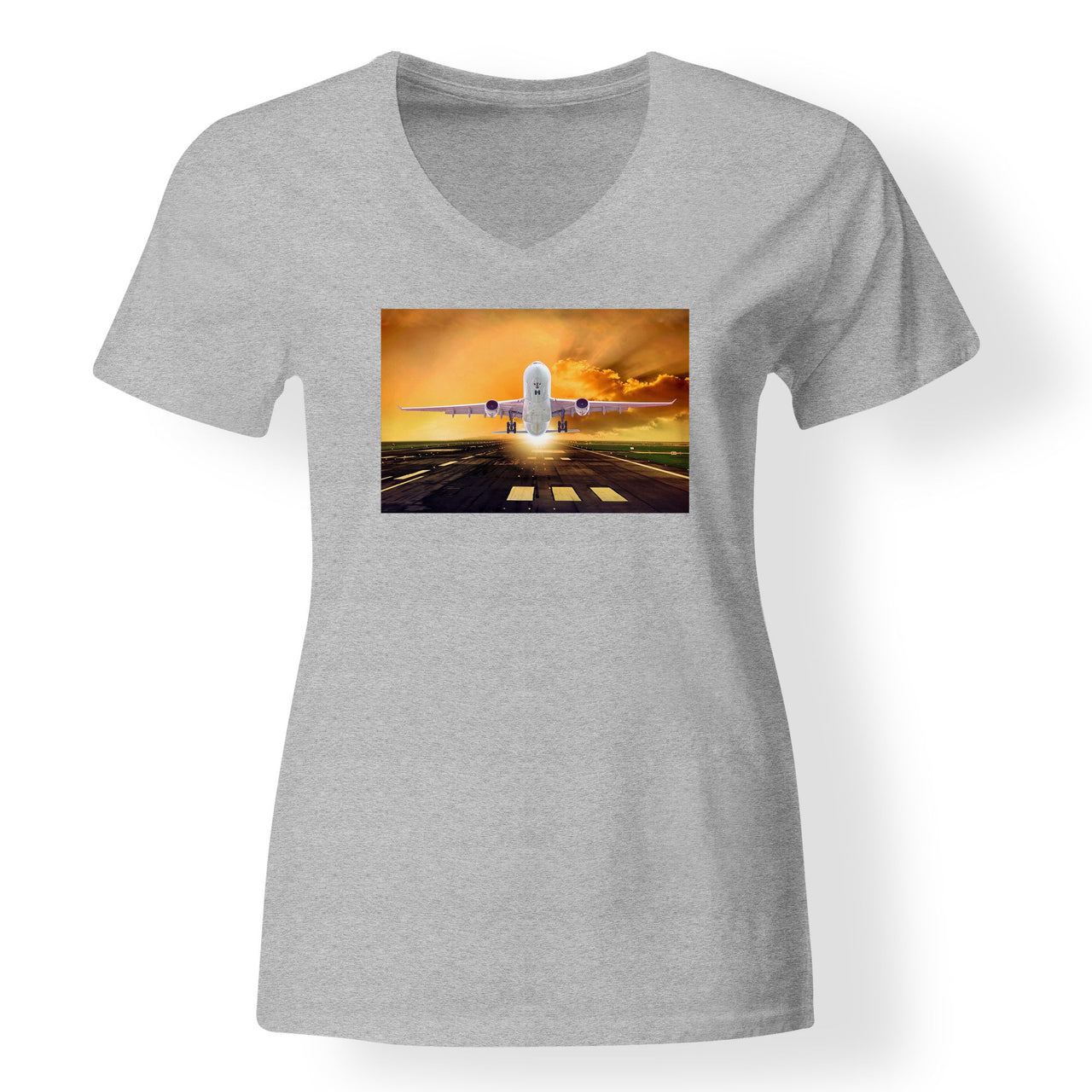 Amazing Departing Aircraft Sunset & Clouds Behind Designed V-Neck T-Shirts