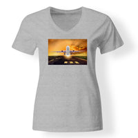 Thumbnail for Amazing Departing Aircraft Sunset & Clouds Behind Designed V-Neck T-Shirts