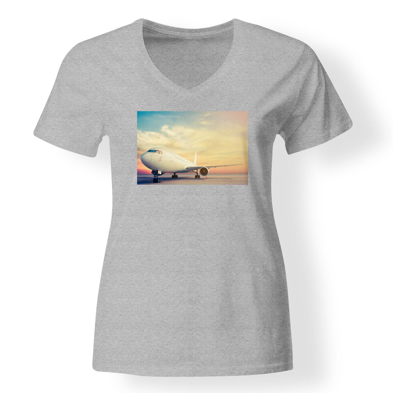 Parked Aircraft During Sunset Designed V-Neck T-Shirts