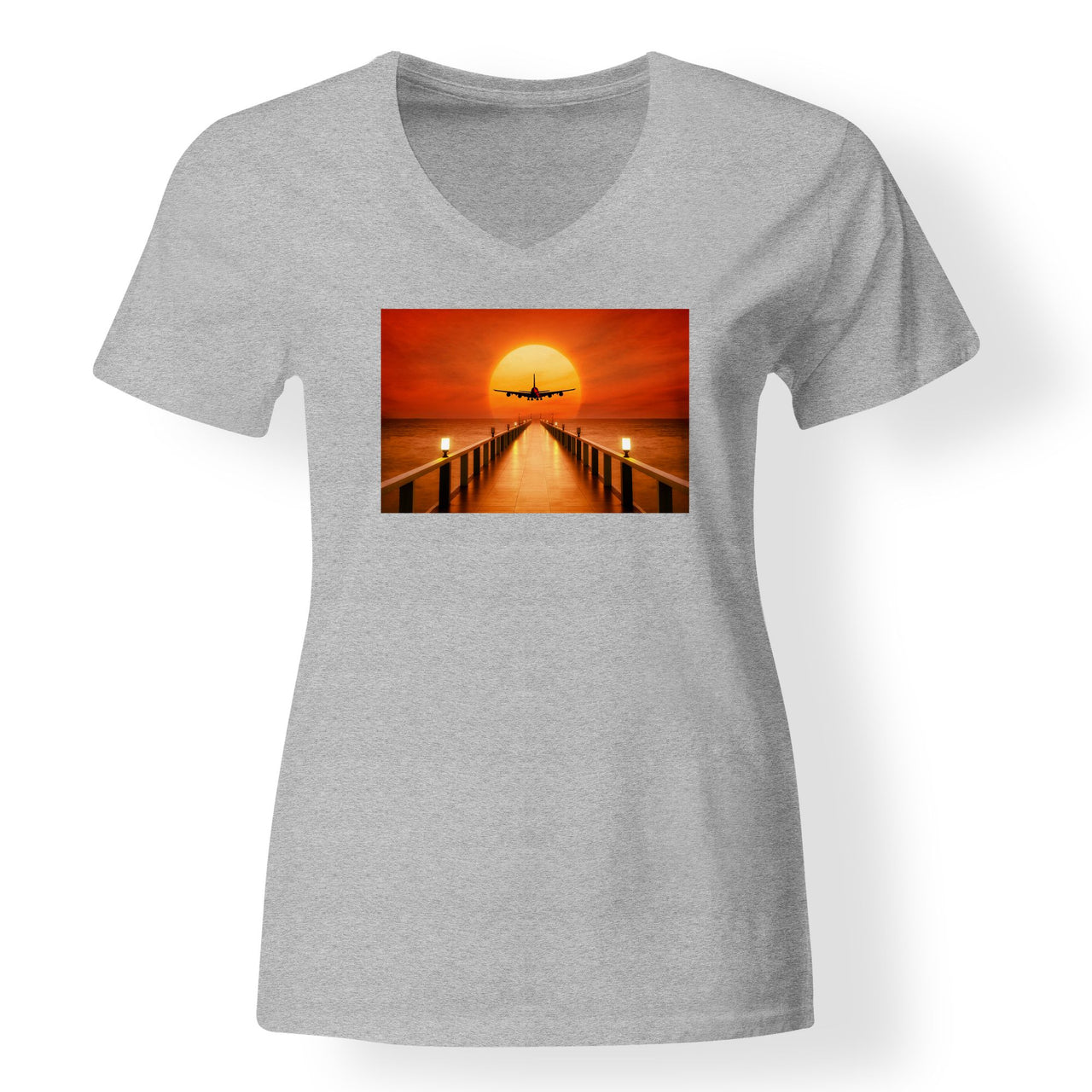 Airbus A380 Towards Sunset Designed V-Neck T-Shirts