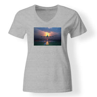 Thumbnail for Super Airbus A380 Landing During Sunset Designed V-Neck T-Shirts