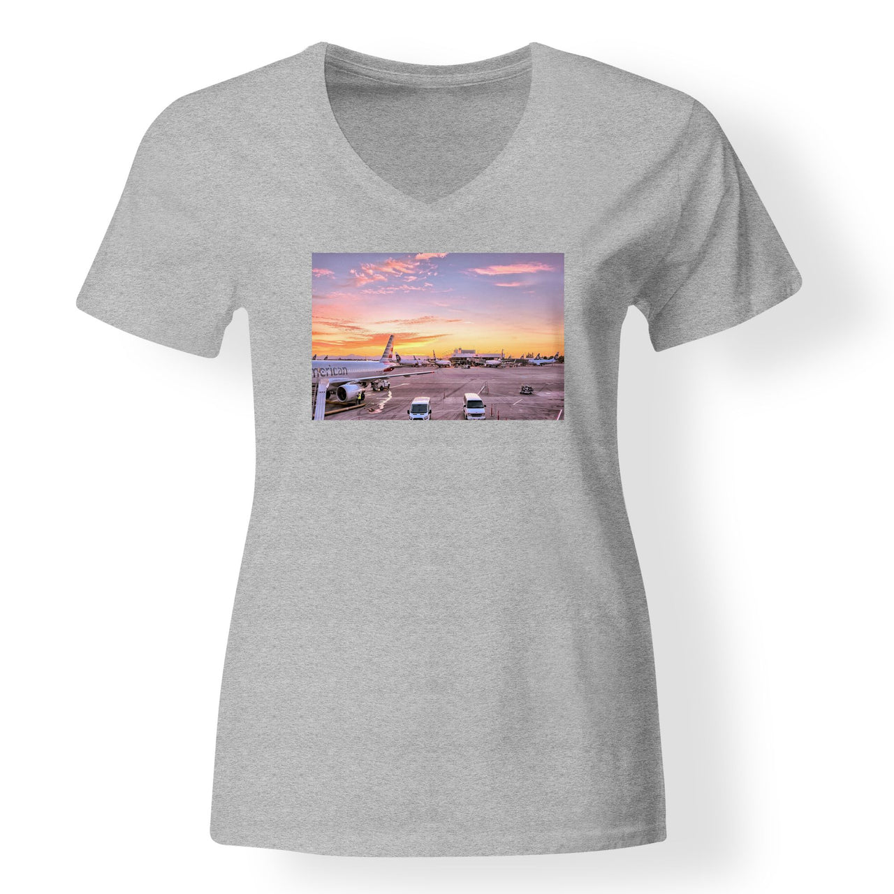 Airport Photo During Sunset Designed V-Neck T-Shirts