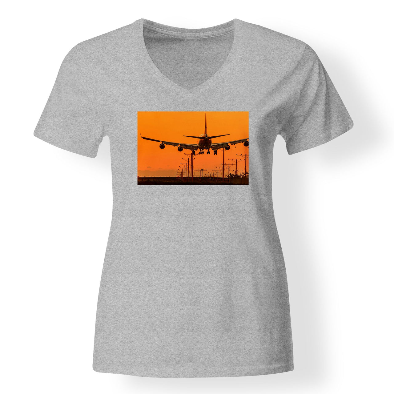 Close up to Boeing 747 Landing at Sunset Designed V-Neck T-Shirts