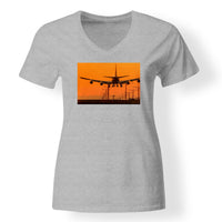Thumbnail for Close up to Boeing 747 Landing at Sunset Designed V-Neck T-Shirts