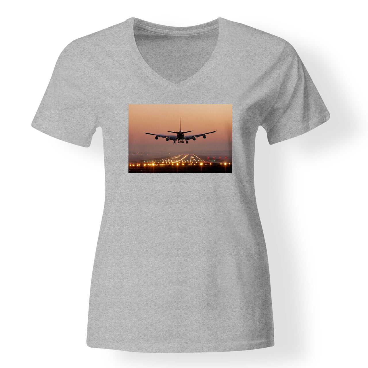 Landing Boeing 747 During Sunset Designed V-Neck T-Shirts