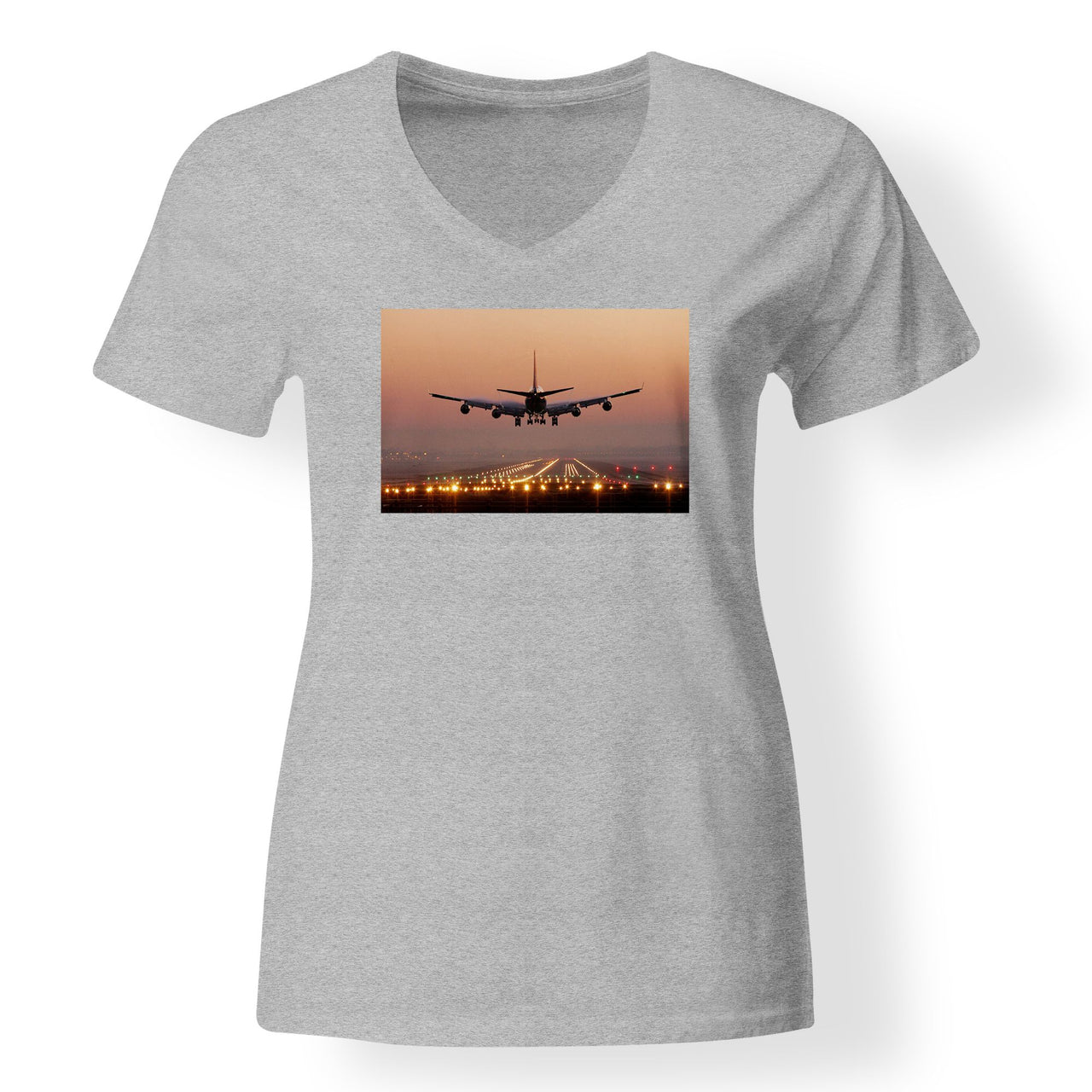 Landing Boeing 747 During Sunset Designed V-Neck T-Shirts