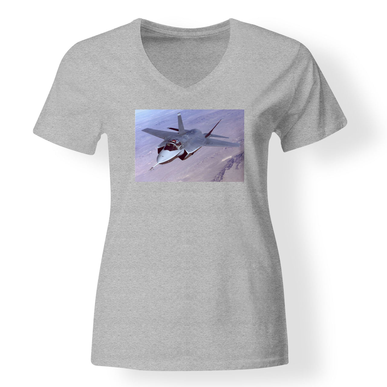 Fighter Jet 35 Captured in the Air Designed V-Neck T-Shirts