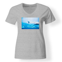 Thumbnail for Outstanding View Through Airplane Wing Designed V-Neck T-Shirts