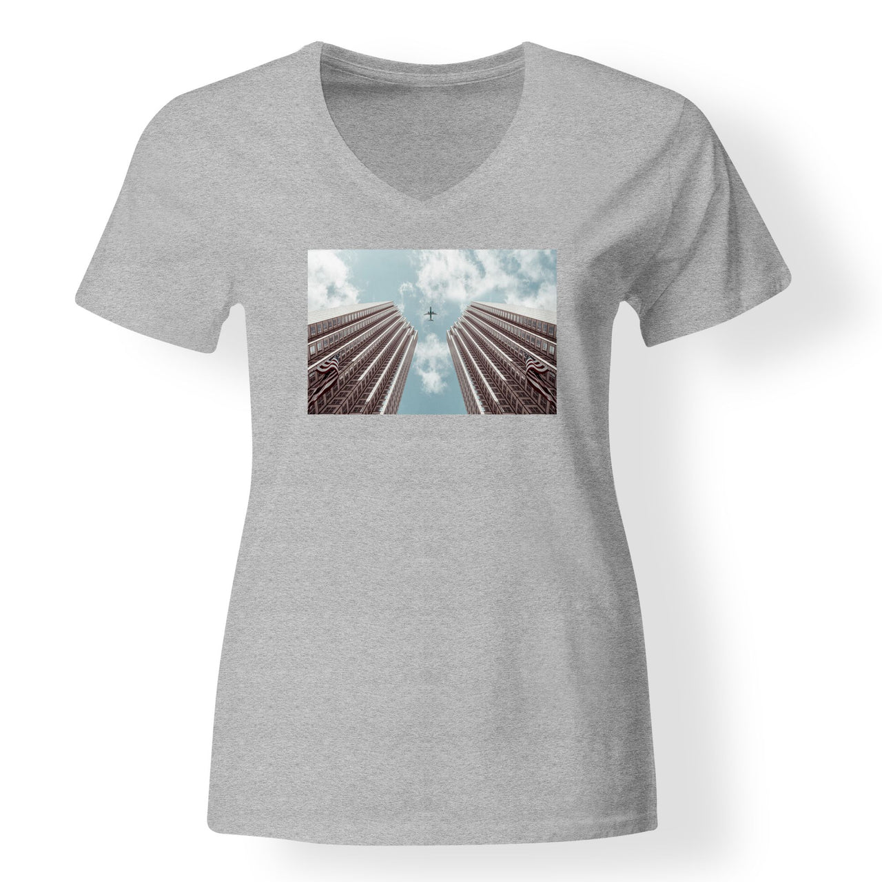 Airplane Flying over Big Buildings Designed V-Neck T-Shirts